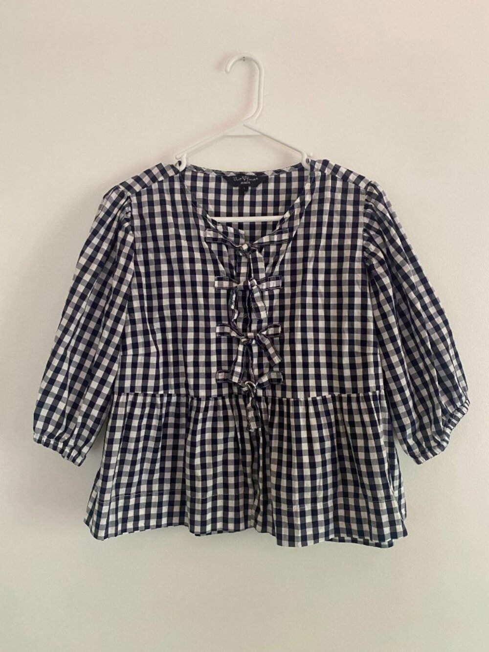 Velvet Heart Gingham Tie-Front Peplum Top Womens Size L Navy & White Cotton